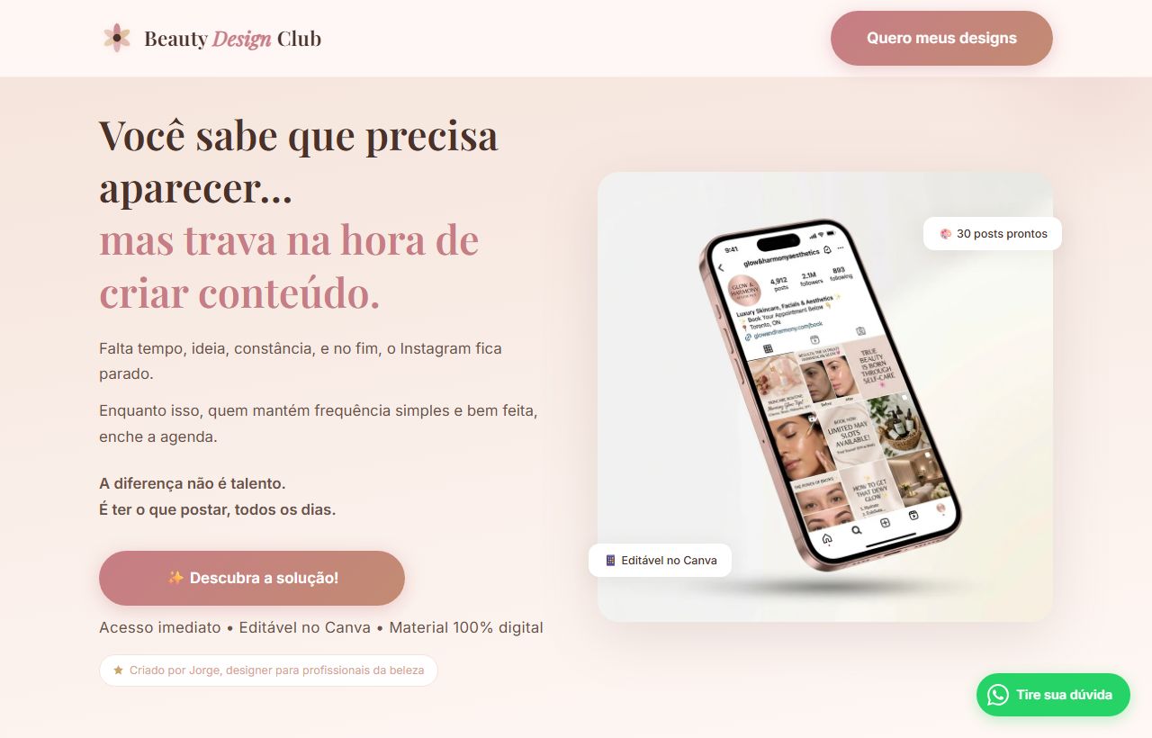 Página inicial do site Beauty Design Club, com oferta de designs para profissionais da beleza.